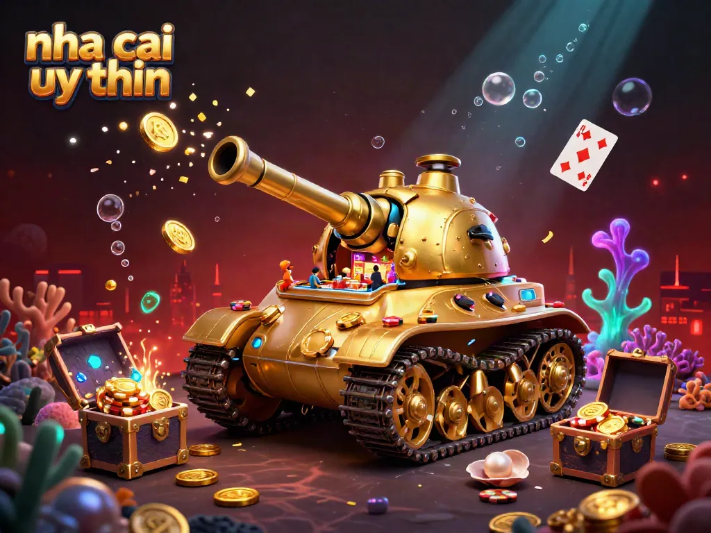 Engaging ultra-detailed image of the 'nha cai uy tin' golden beetle tank revealing a miniature casino, featuring dynamic game elements.