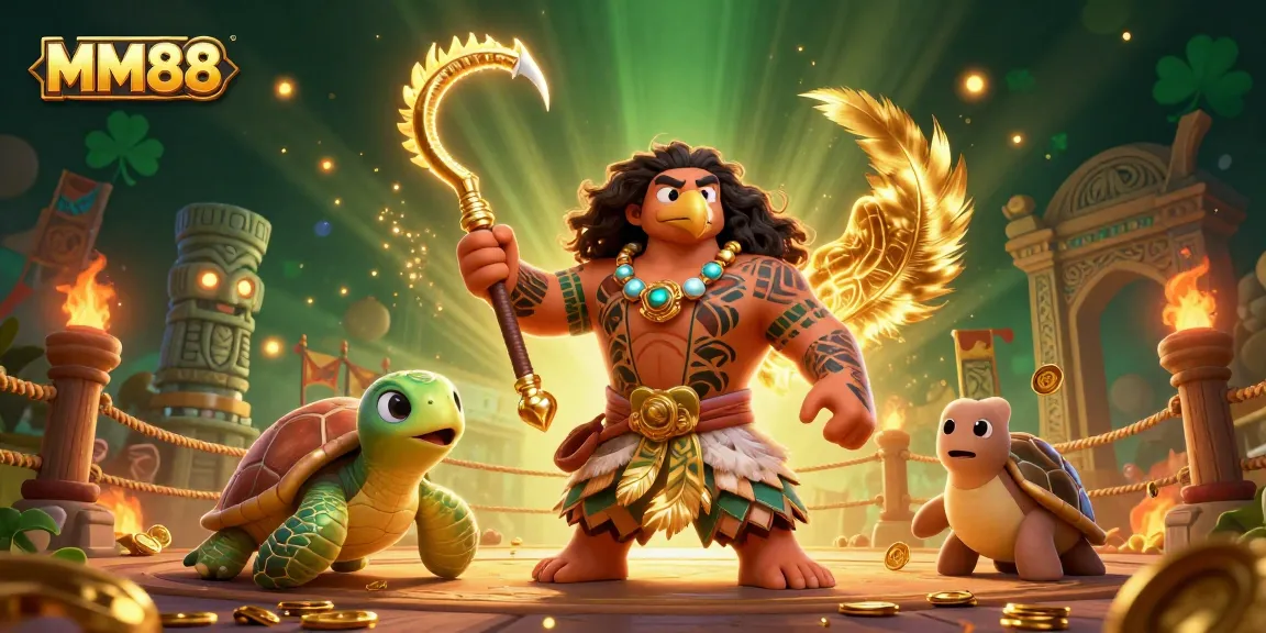 Experience thrilling gameplay at MM88 with the Polynesian demigod hawk and moana-style turtle in a dynamic casino scene.
