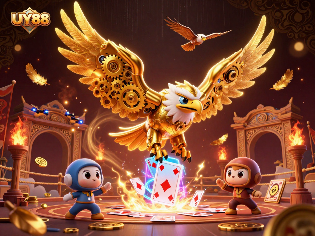 Engage with UY88's thrilling 3D cybernetic eagle illustration amidst dynamic gaming elements.