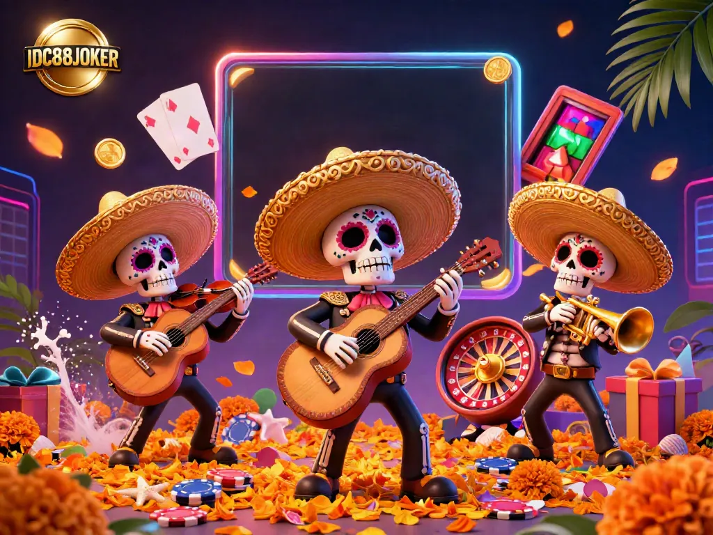 Engage with IDC88JOKER's vibrant gaming world featuring a Day of the Dead mariachi band amidst dynamic slot games and festive elements.