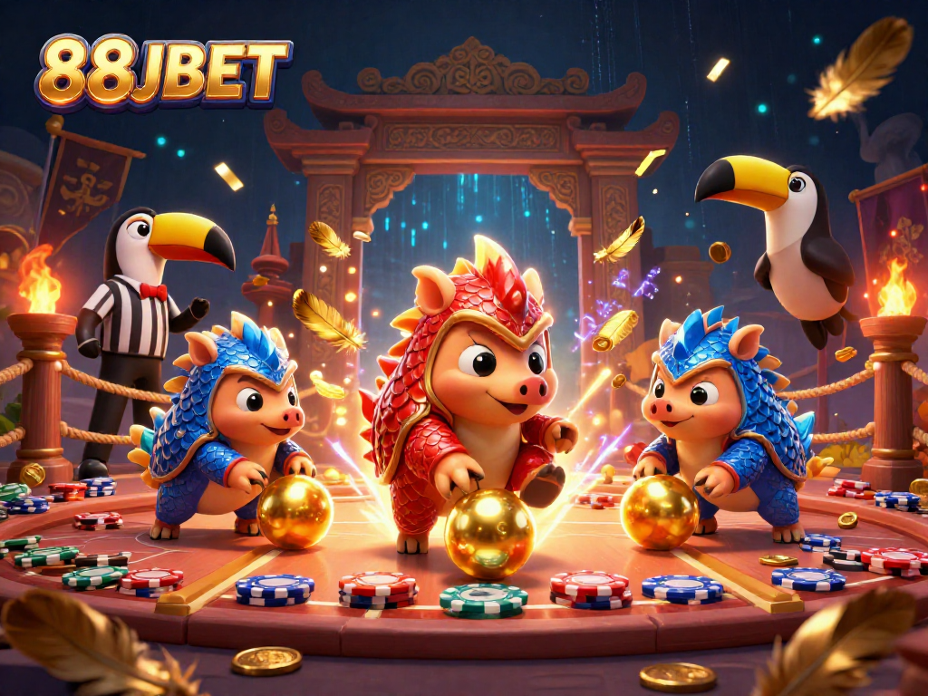 Engage with the vibrant 88JBET scene featuring rival pangolins and action-packed casino elements.