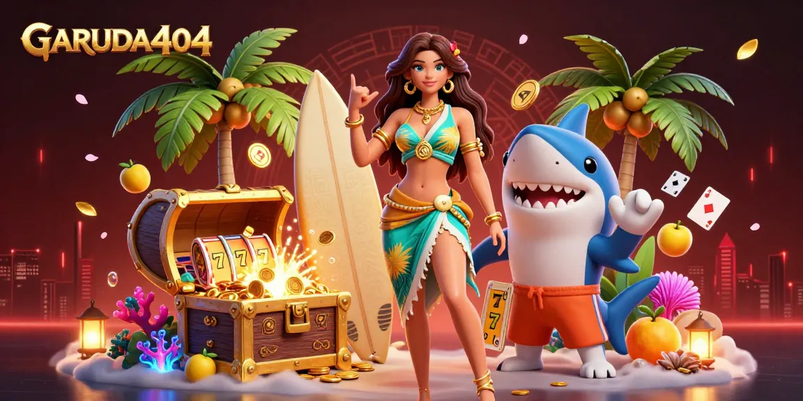 Experience casino thrills with GARUDA404, featuring vibrant characters and dynamic slot elements.