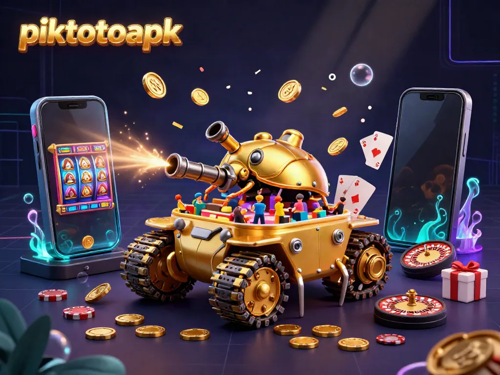 Piktotoapk mobile casino scene with a golden beetle tank and vibrant gaming elements.