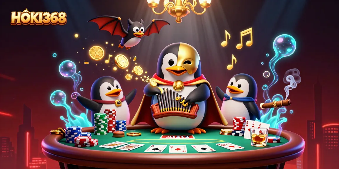 Experience HOKI368's thrilling casino scene with the penguin playing organ and poker elements