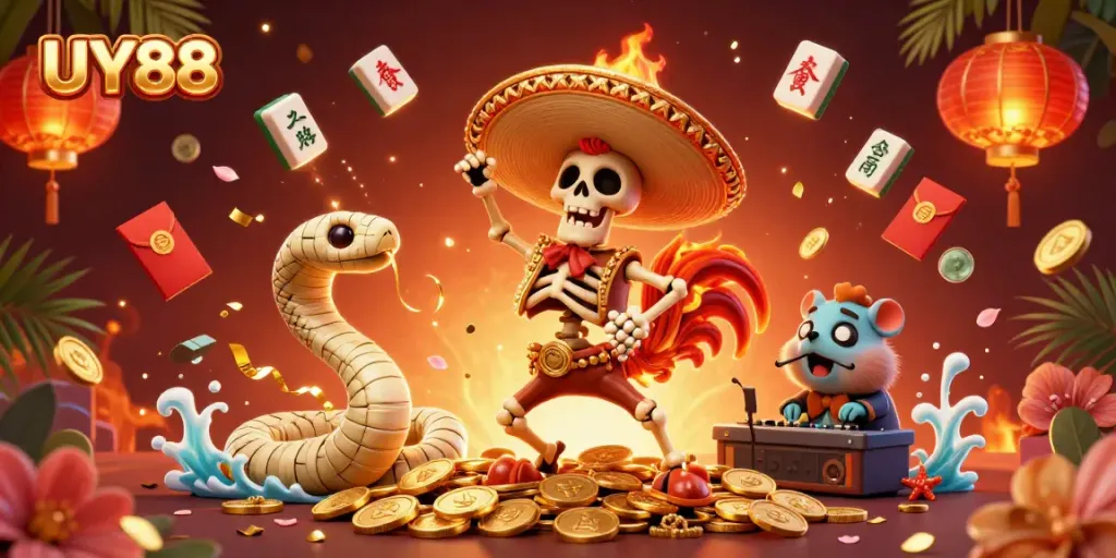 Experience the thrill of UY88 with dynamic characters celebrating on golden coins in an online casino