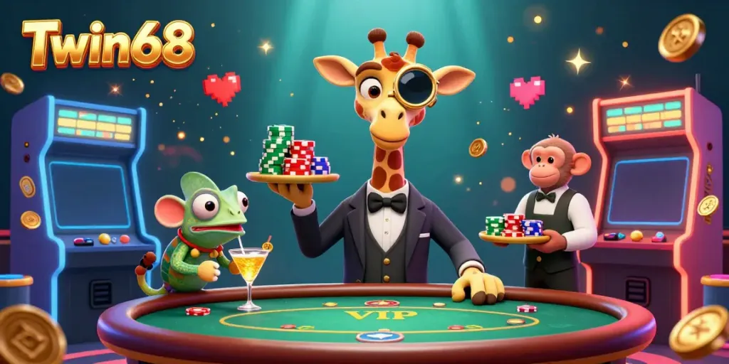 Experience thrilling gaming at Twin68 with high-roller giraffe, monkey valet, and chameleon bartender amid vibrant slot-themed elements.