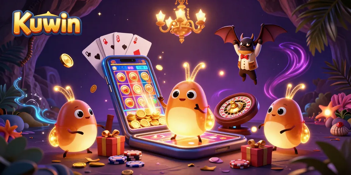 Kuwin's glowworm-themed casino illustration with colorful slots and a bat dealer in an enchanting cave.