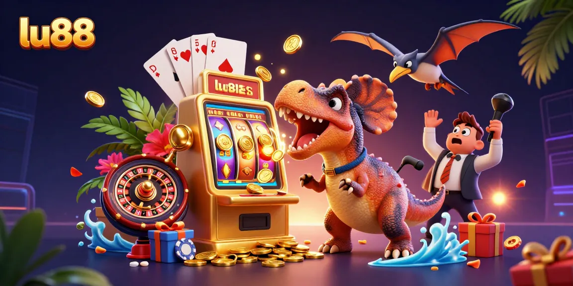 lu88 casino features pachycephalosaurus hitting jackpot slot machine, with coins flying everywhere