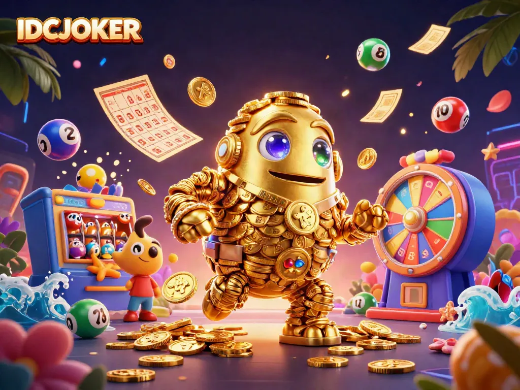 Experience the excitement of IDCJOKER with a stunning 3D golden golem surrounded by animated game elements.