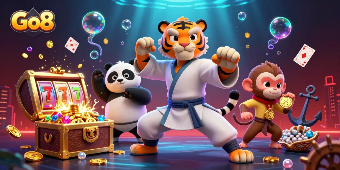 Go8 slots jackpot scene with kung fu tiger, panda, and monkey in vibrant casino underwater environment.