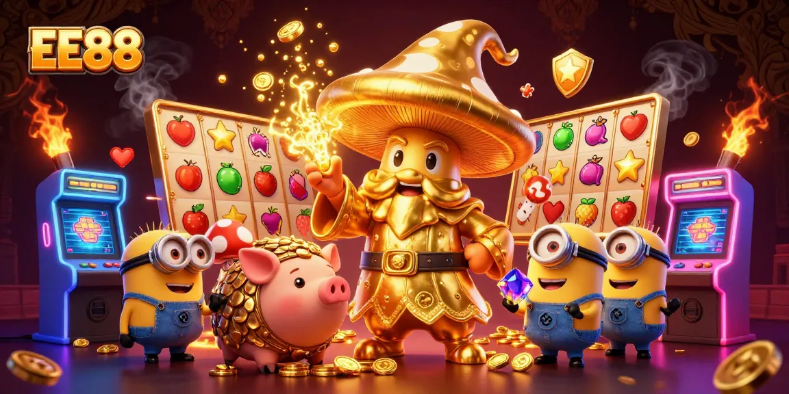 Experience the magic of EE88 with a vibrant 3D casino illustration featuring golden treasures and dynamic game elements.