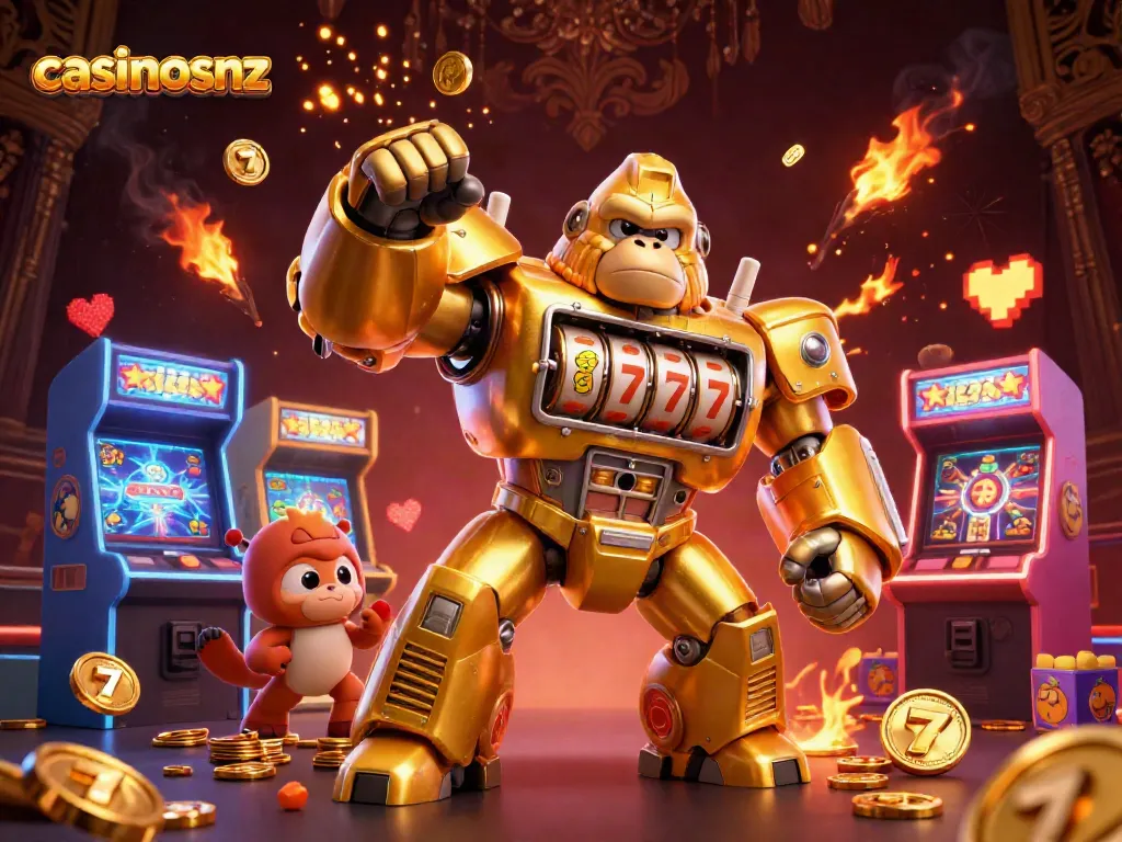 Experience thrilling wins at casinosnz with a giant golden gorilla mech celebrating massive payouts amidst vibrant gaming elements.