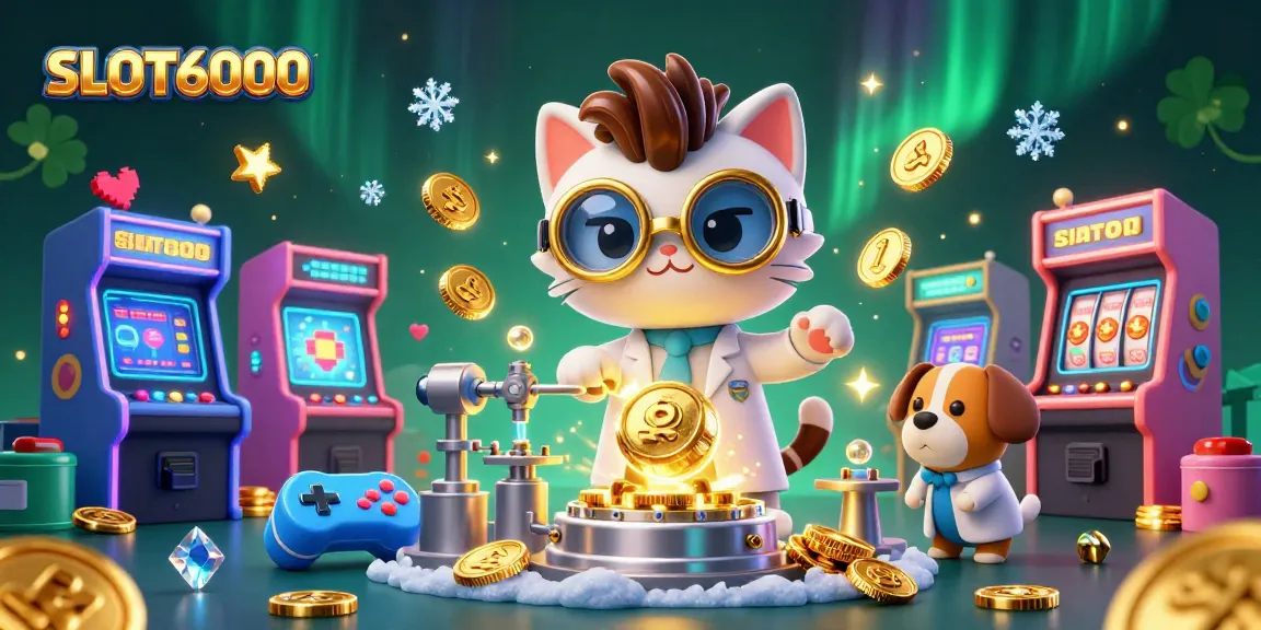 SLOT6000 showcases a vibrant casino-themed scene with a cartoon mad scientist cat creating gold coins, surrounded by gaming machines and slot reels.