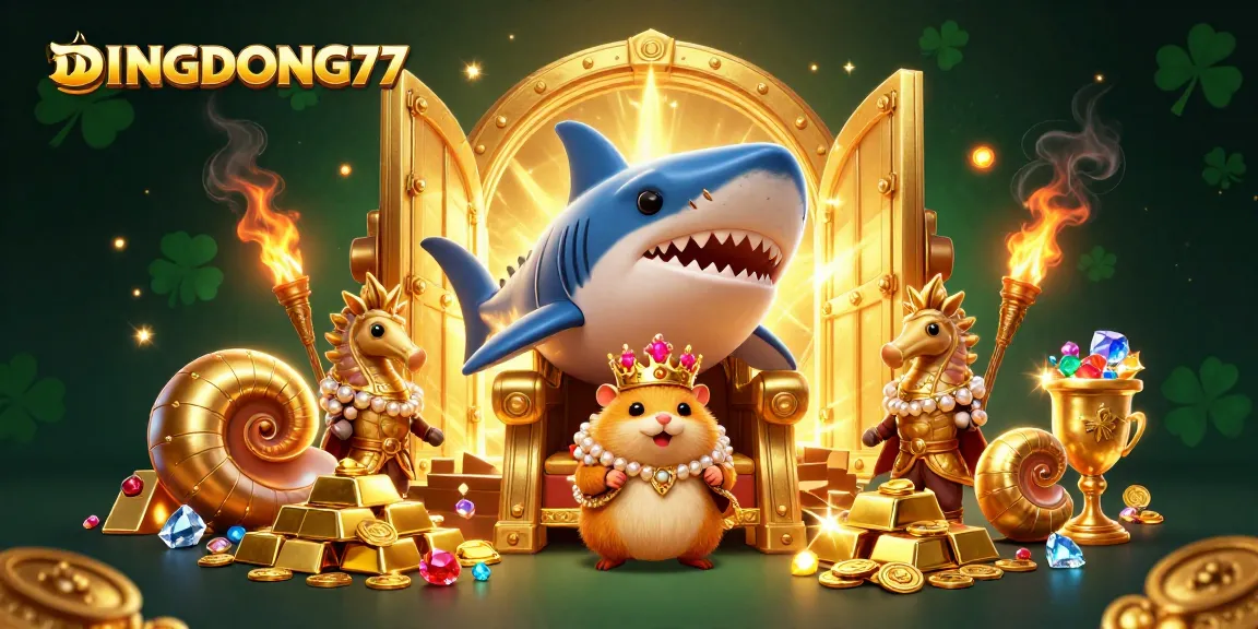 DINGDONG77 invites players to experience thrilling slot games within a treasure-filled scene.