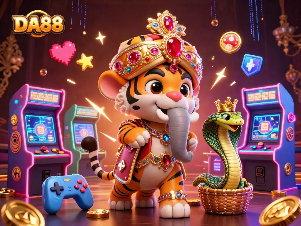 Experience the thrill of DA88 with a vibrant casino scene featuring a maharaja, elephant, and gameplay elements.