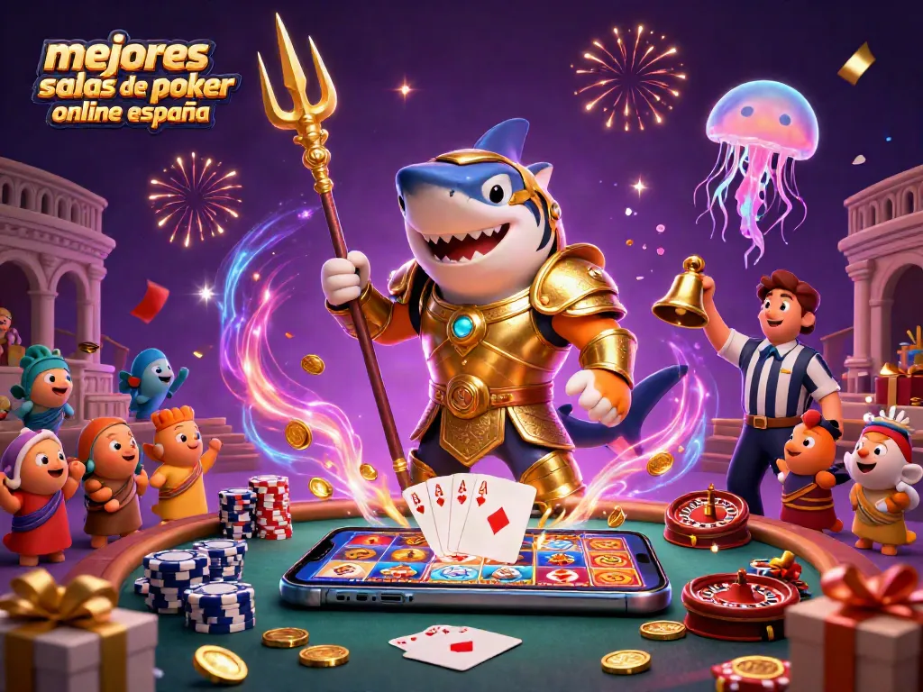 Las mejores salas de póker online en España presentan un torneo vibrante y animado con un tiburón guerrero.