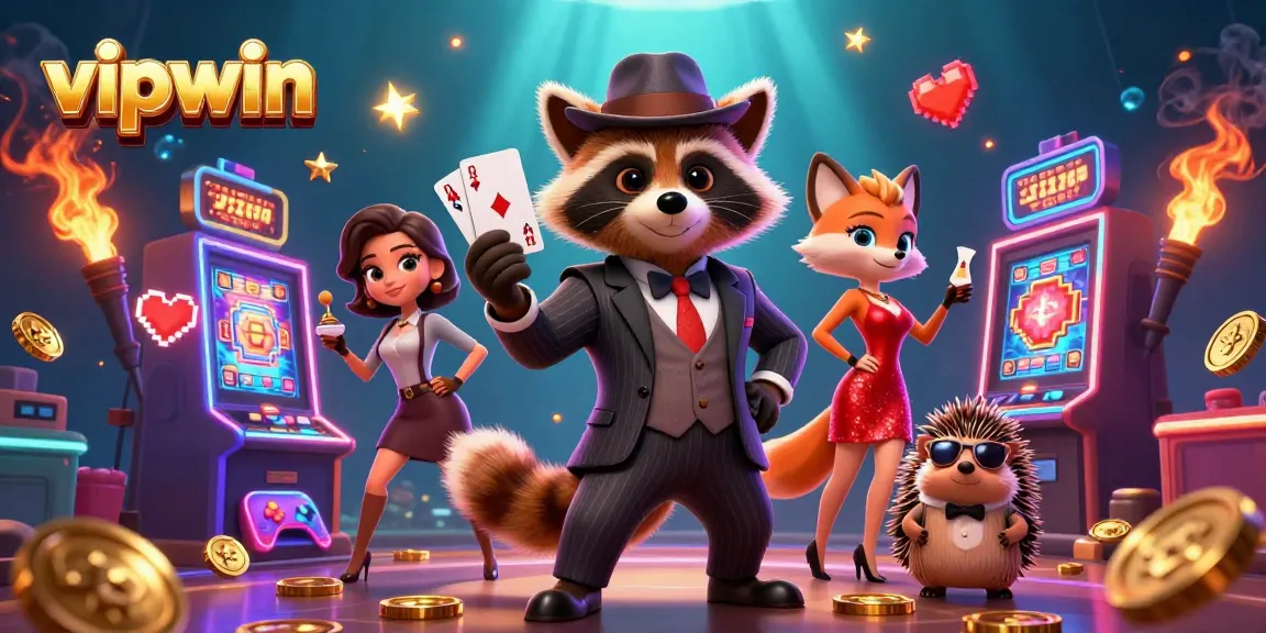 Experience exciting gameplay with vipwin's vibrant 3D casino scene featuring charming characters and colorful slot machines.