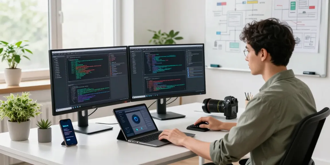 Developer immersed in coding Web3 applications at a modern tech workspace, displaying innovative blockchain solutions.