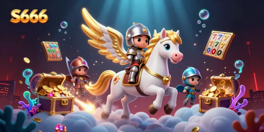 Experience thrilling S666 gameplay with a celestial horse and armored knight in a vibrant casino-themed adventure.