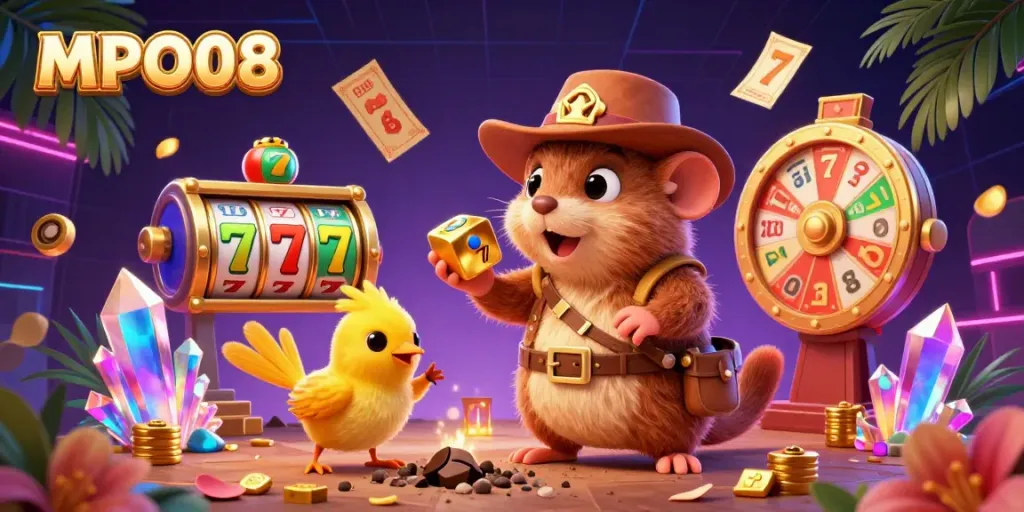 Engaging MPO08 casino illustration with a treasure hunter mole and vibrant game elements.