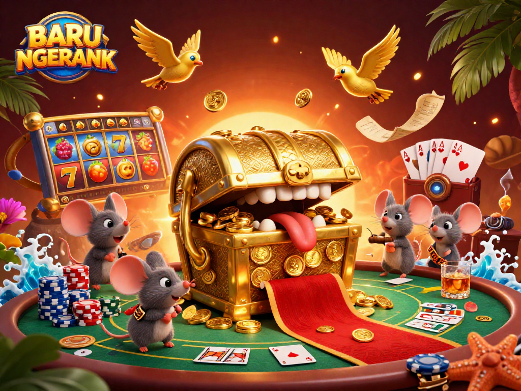 Engage in gaming excitement with BARU NGERANK showcasing rich slot reels and vibrant poker elements.