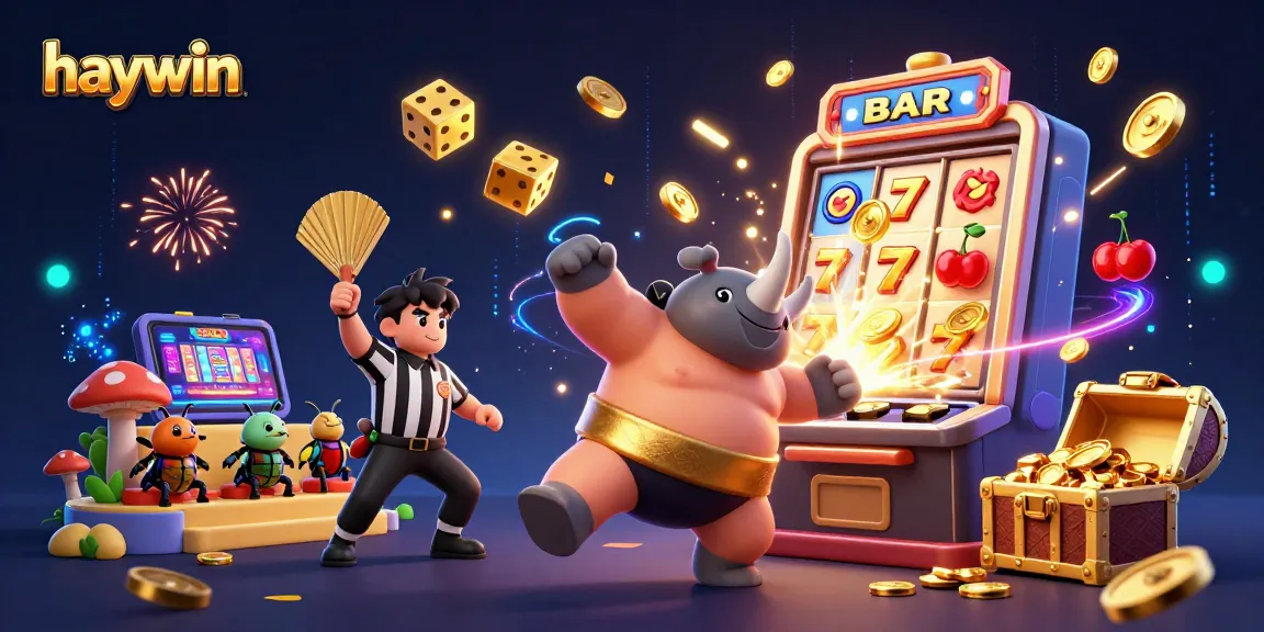 Engage in thrilling gameplay with haywin as the sumo champion beetle stomps gold coins amidst vibrant casino elements.