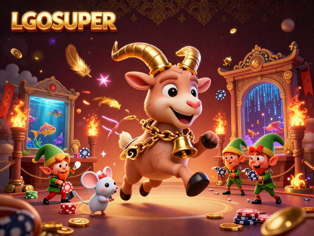 Engage with LGOSUPER in a dynamic casino scene featuring Krampus, an angel mouse, and elf gremlins amidst fish shooting action.