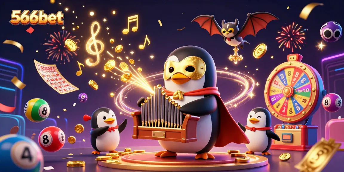 Experience gaming excitement with 566bet's vibrant 3D scene of a penguin and a bat creating winning moments.