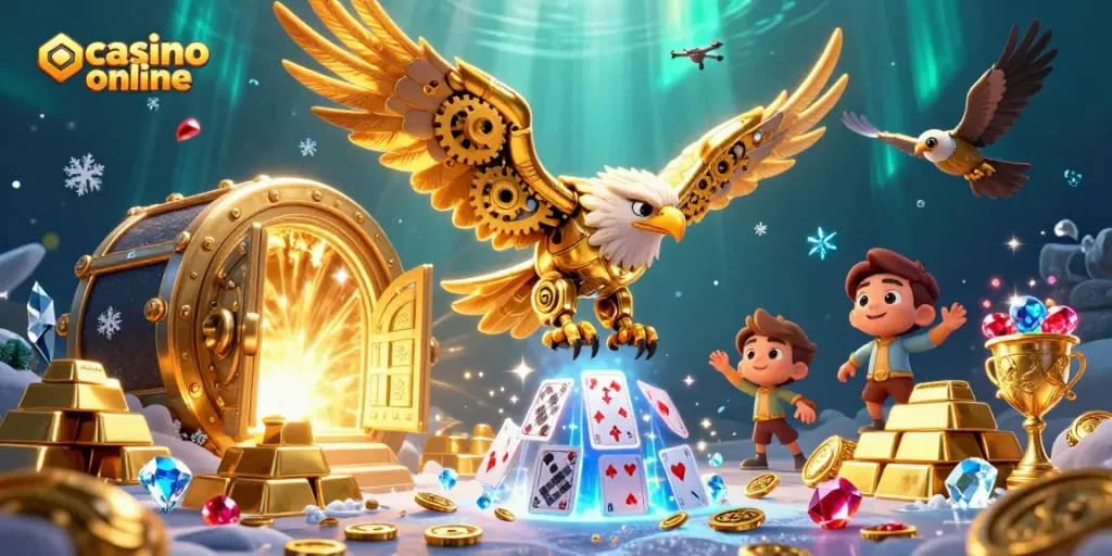 Disfruta de emocionantes juegos en un casino online rodeado de tesoros y cartas holográficas.