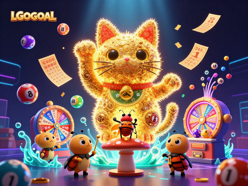 Engage with LGOGOAL's vibrant casino world featuring a lucky cat and colorful gaming elements.