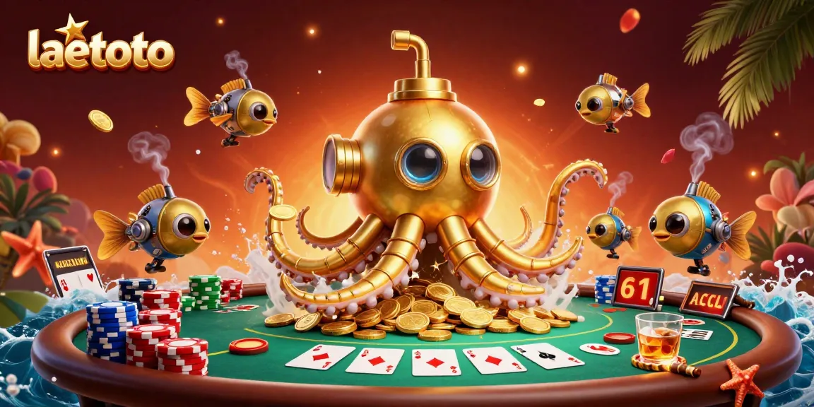 Play exciting games at laetoto with unique 3D scene featuring a golden kraken submarine and poker elements.
