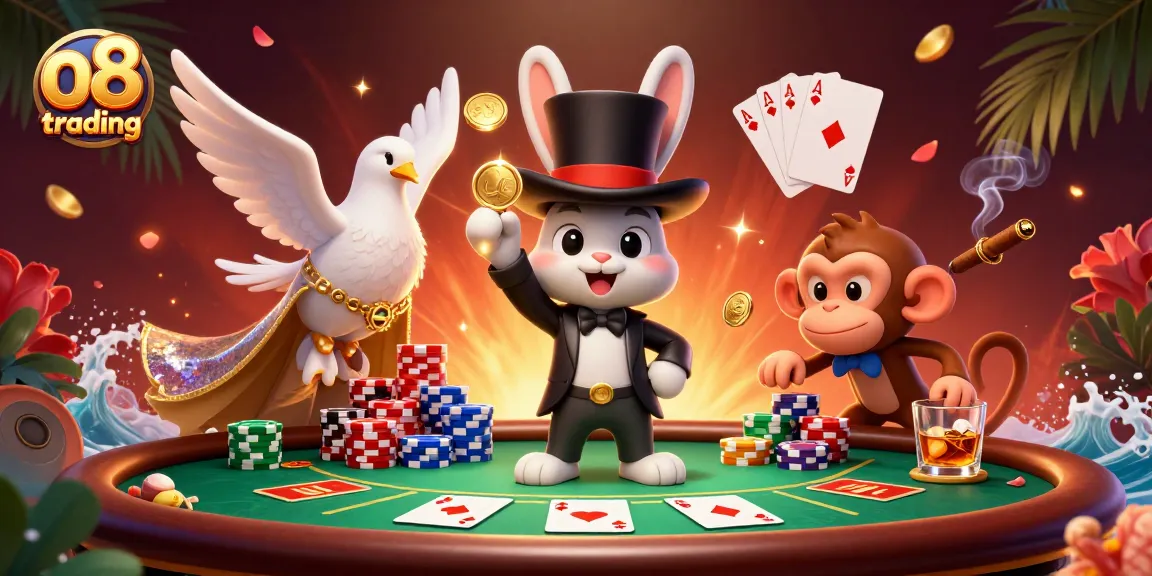 Experience the excitement of o8 trading with a vibrant casino scene featuring magical characters and poker chips.