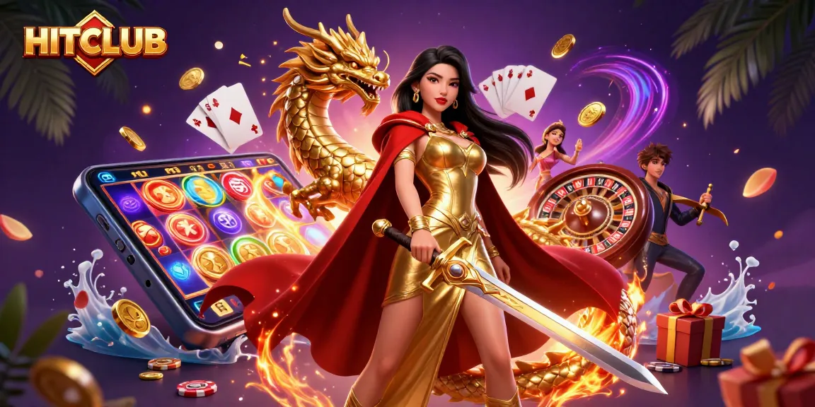 Experience thrilling gameplay at HITCLUB with vibrant slot games and a majestic warrior queen.
