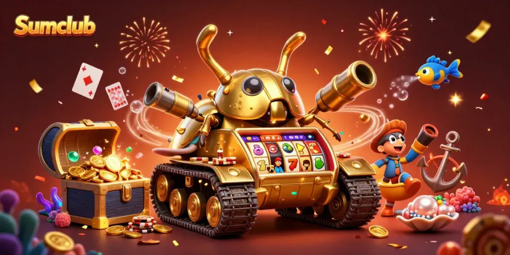 Experience thrilling gaming with Sumclub's golden beetle casino tank scene. Confetti and vibrant treasures surround exciting win elements.