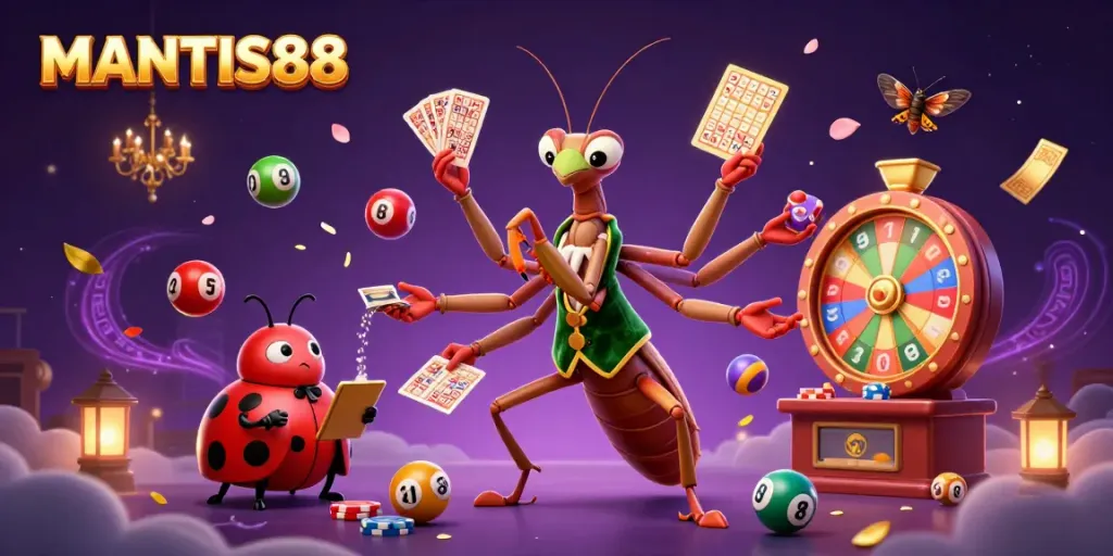 MANTIS88 casino scene featuring a giant mantis, ladybug boss, and festive lottery elements.
