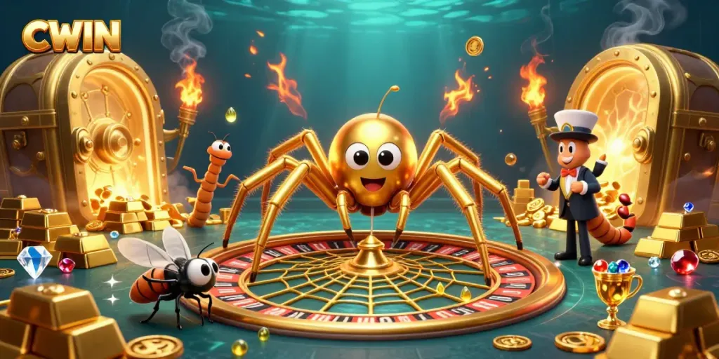 Experience the excitement of gambling with CWIN as a golden spider spins a roulette wheel made of gold.