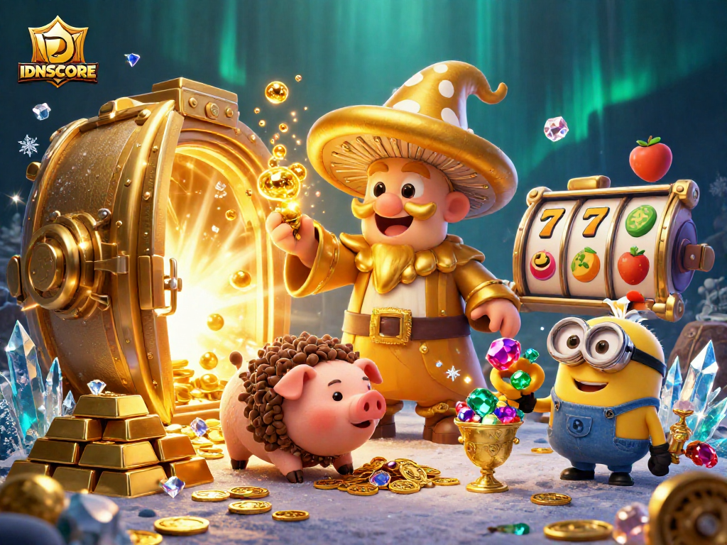 Experience IDNSCORE magic with treasures and slot symbols in this vibrant 3D casino illustration.