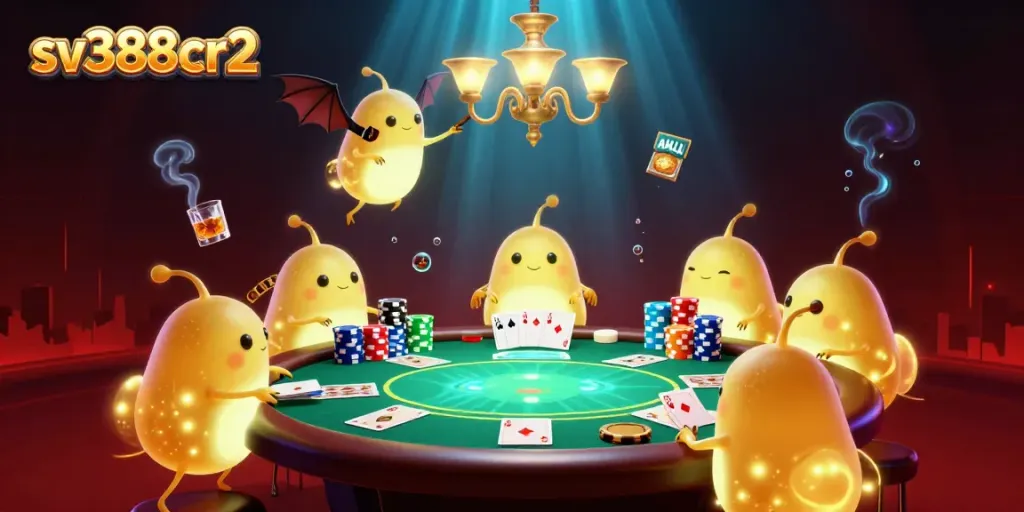 Engage with the excitement of sv388cr2 in a vibrant casino scene featuring animated glowworms and lively poker action.