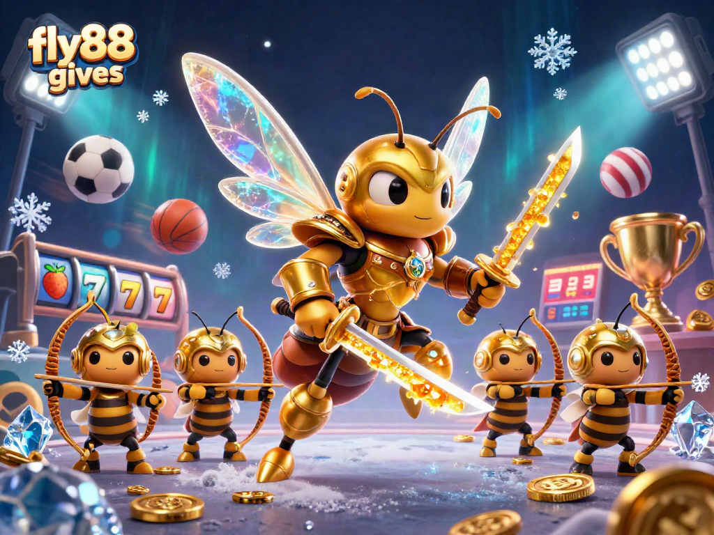 Engage with fly88 gives in a dynamic casino-themed scene, featuring a golden hornet samurai and vibrant slot elements.
