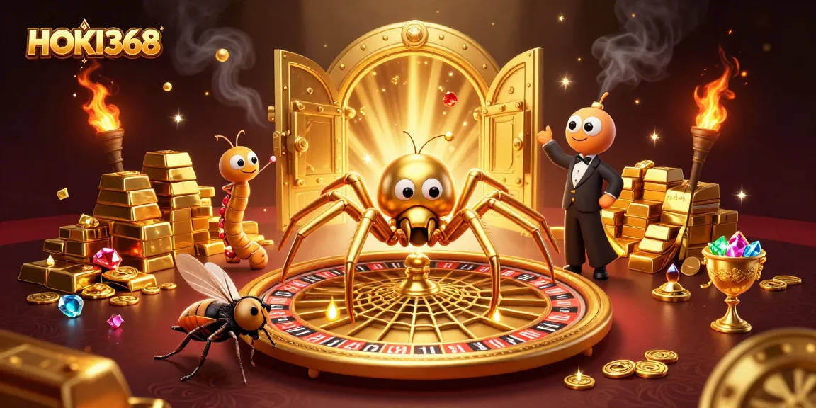 HOKI368 brings exciting gameplay with a golden spider and a roulette wheel in a rich casino scene.