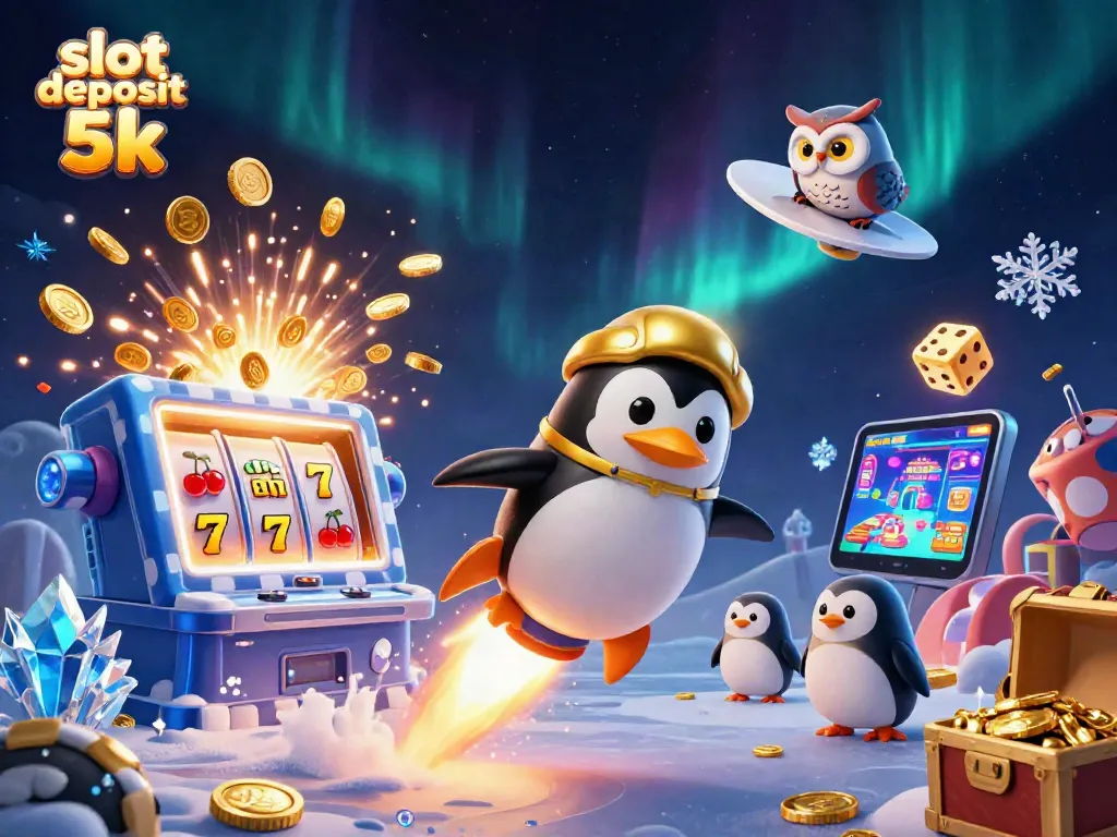 Experience slot deposit 5k action with a golden penguin amidst a dynamic casino scene.