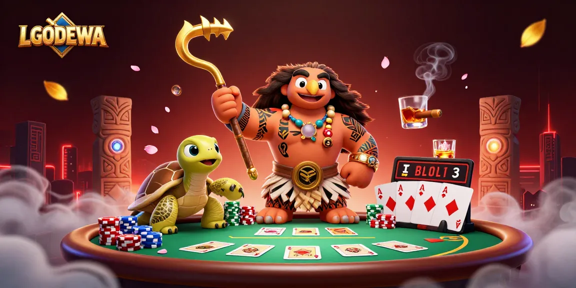Experience high-stakes poker action with LGODEWA characters and vibrant casino elements.