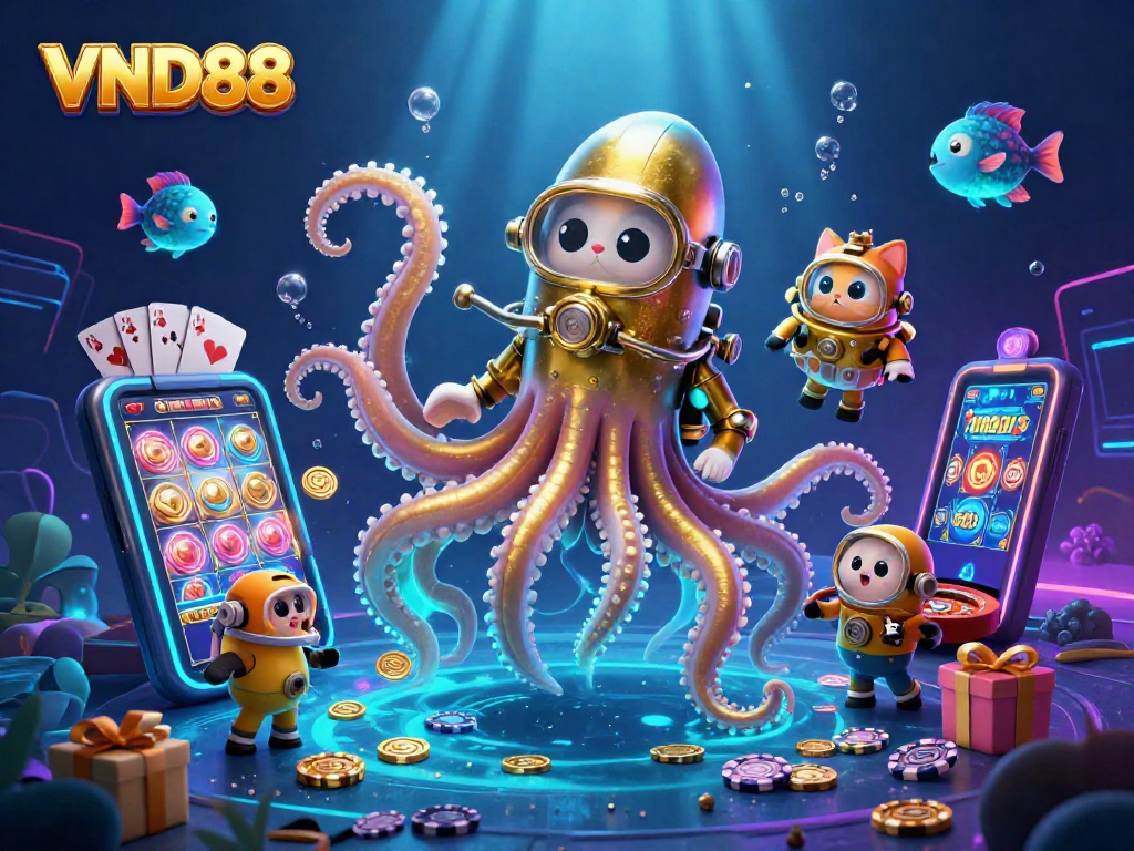 Engage with the excitement of VND88 casino, featuring a kraken, diving cat, and rich game elements.