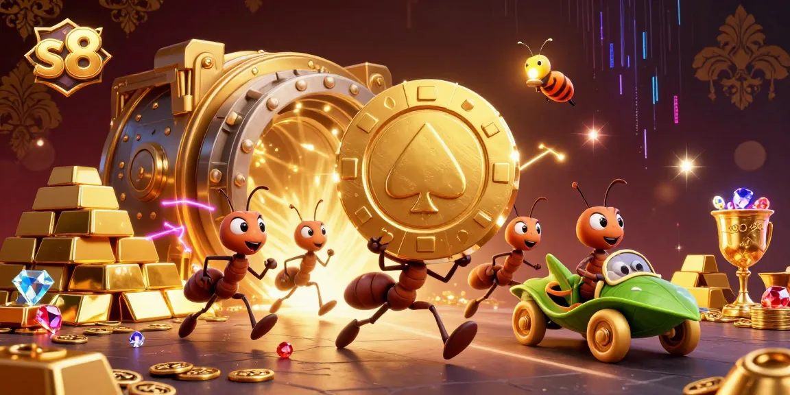 Experience thrilling gameplay at s8 with ants stealing a giant poker chip in their heist.