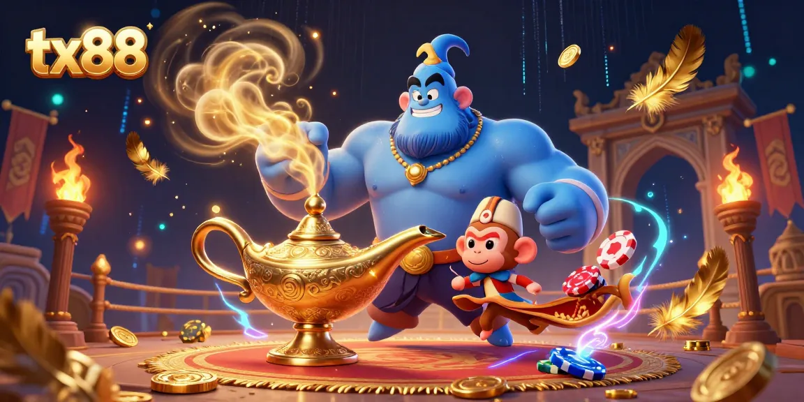 Experience the magic of tx88 with a vibrant 3D casino scene featuring a blue genie and poker chips.