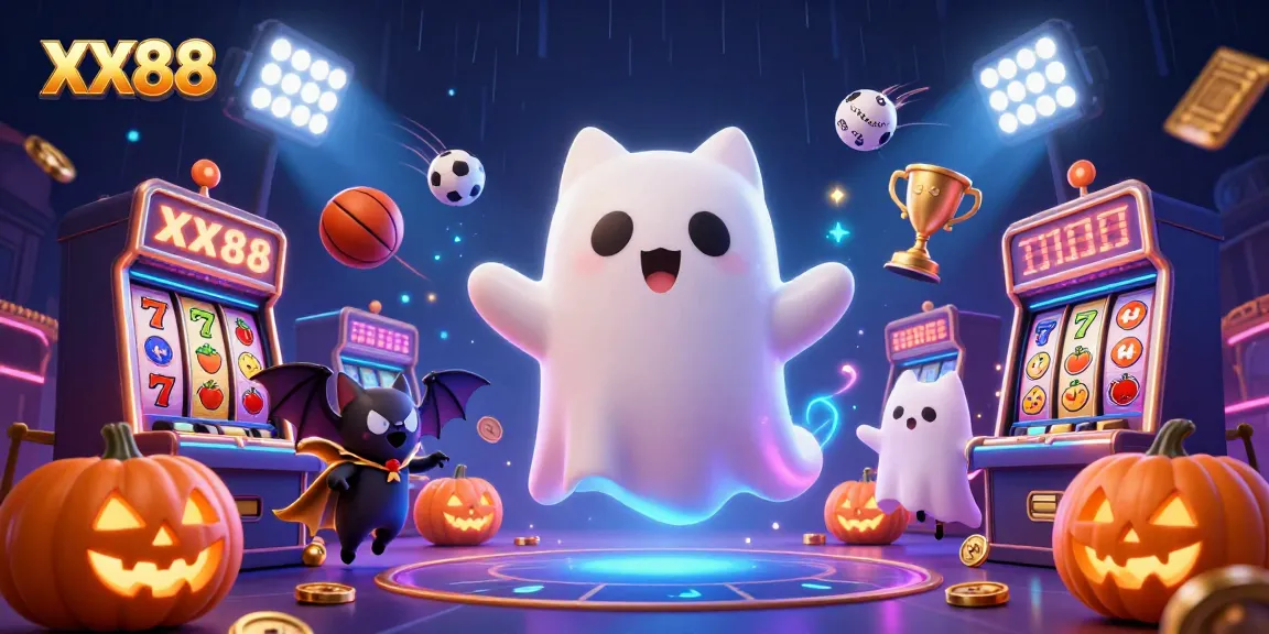 Engage in slots action at XX88 with a lively ghost cat and vibrant casino elements.