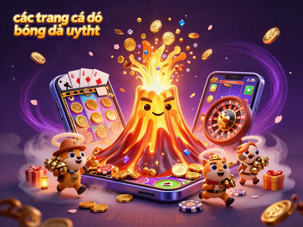 Các trang cá độ bóng đá uy tín với hình ảnh núi lửa vàng phun trào tiền xu và động vật nhỏ chạy trốn.