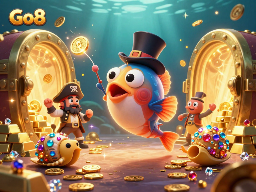 Experience winning with Go8 in this vibrant underwater casino adventure illustration.