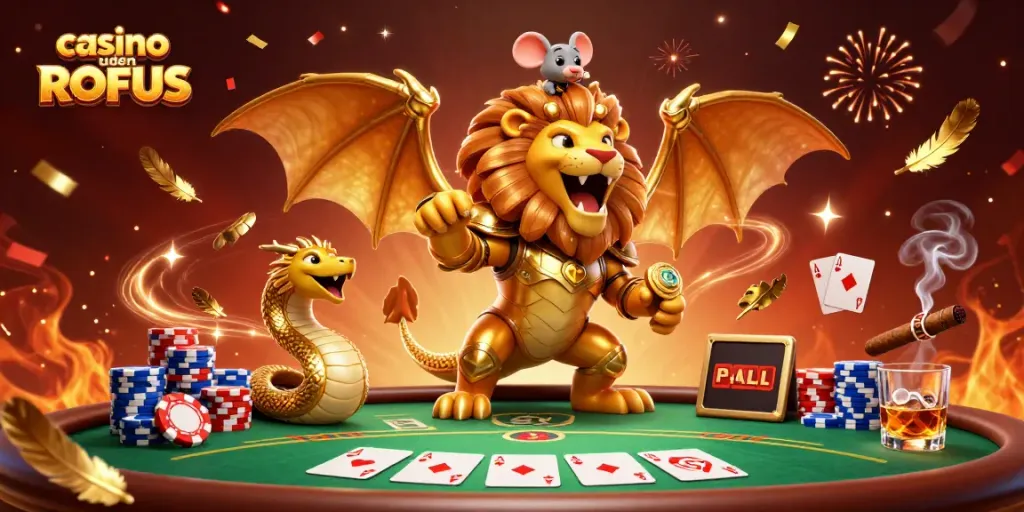 Engage in casino uden ROFUS with a vibrant 3D scene featuring a majestic chimera and vivid poker elements.