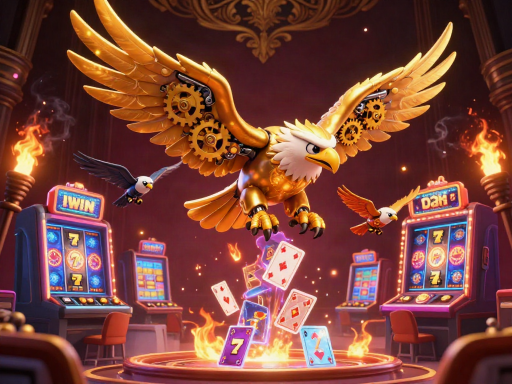 Engage in thrilling gameplay at IWIN with a golden cybernetic eagle navigating vibrant slot machines.